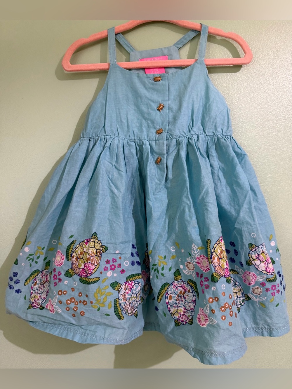 Isaac Mizrahi Blue Turtle Print Sundress with Gold Turtle Buttons 12 months